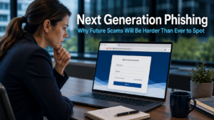 Business professional looking closely at a highly convincing phishing website on a laptop in a modern office, representing the growing threat of next generation phishing attacks that use AI to create personalised scam pages