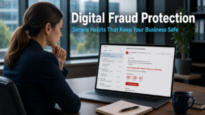 Business professional pausing before clicking a suspicious urgent email on a laptop in a modern office, representing the importance of digital fraud protection habits for business teams