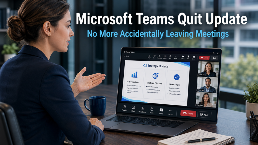 Business professional presenting in a Microsoft Teams video meeting on a laptop in a modern office, with the Teams meeting controls visible and the quit option clearly separated, representing the Microsoft Teams quit update reducing accidental meeting exits