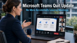 Business professional presenting in a Microsoft Teams video meeting on a laptop in a modern office, with the Teams meeting controls visible and the quit option clearly separated, representing the Microsoft Teams quit update reducing accidental meeting exits
