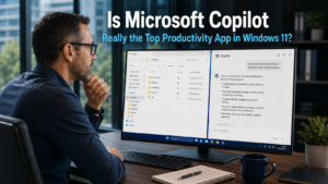 Business professional using Microsoft Copilot alongside everyday Windows 11 tools on a desktop in a modern office, representing the question of whether Microsoft Copilot productivity genuinely outranks other Windows 11 tools
