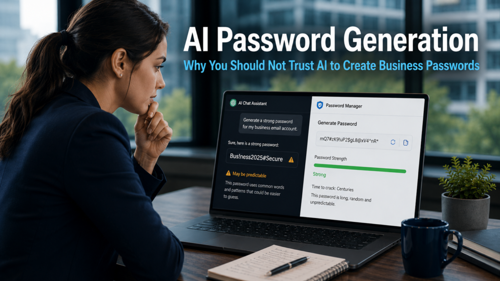 Business professional comparing an AI-generated password with a password manager on a laptop in a modern office, representing the security risk of AI password generation and why password managers are the safer choice