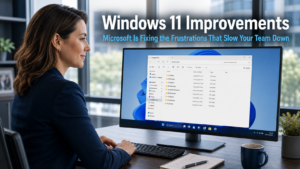 Business professional working smoothly and without frustration at a Windows 11 desktop in a modern office, representing the latest Windows 11 improvements that fix everyday friction points for business users