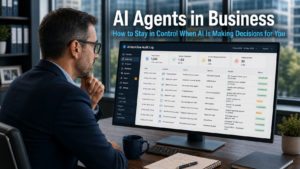 Business owner reviewing an AI workflow activity log on a monitor in a modern office, representing the importance of maintaining visibility and accountability when AI agents in business are making decisions and taking actions