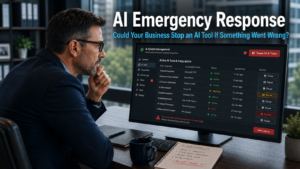Business owner urgently reviewing an AI system control panel on a monitor to pause an active AI tool, representing the importance of AI emergency response planning for businesses