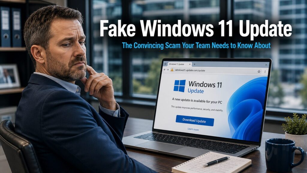 Business professional pausing before clicking a suspicious Windows 11 update prompt on a laptop in a modern office, representing the fake Windows 11 update scam currently circulating and targeting business users