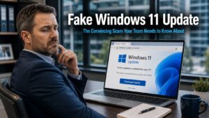 Business professional pausing before clicking a suspicious Windows 11 update prompt on a laptop in a modern office, representing the fake Windows 11 update scam currently circulating and targeting business users