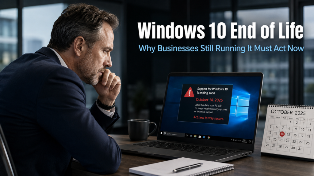 Business owner looking urgently at a Windows 10 laptop with an end of life warning notification on screen in a modern office, representing the Windows 10 end of life deadline approaching for businesses