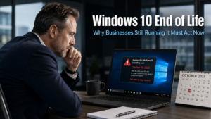 Business owner looking urgently at a Windows 10 laptop with an end of life warning notification on screen in a modern office, representing the Windows 10 end of life deadline approaching for businesses
