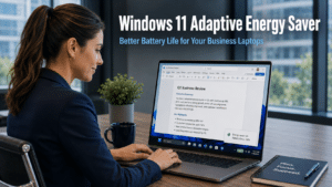 Business professional working on a Windows 11 laptop in a modern office with a battery status indicator showing strong remaining charge, representing the Windows 11 adaptive energy saver feature