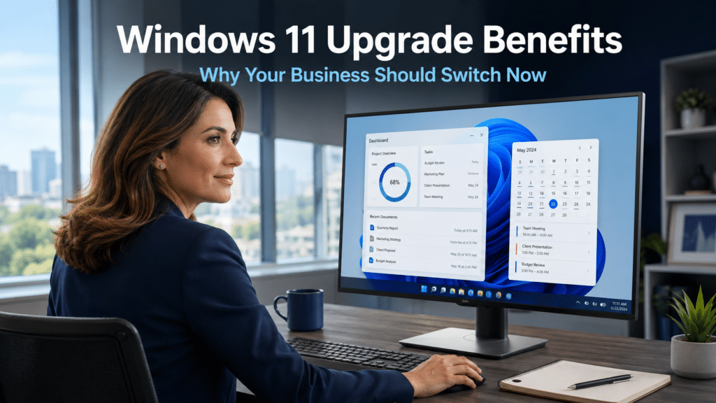 Business professional working on a Windows 11 desktop with a clean modern interface visible on screen in a bright office environment, representing the Windows 11 upgrade benefits available to businesses