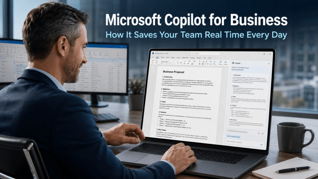 Business professional using Microsoft Copilot in Word on a laptop in a modern office with an AI draft visible on screen, representing how Microsoft Copilot for business saves time on everyday tasks