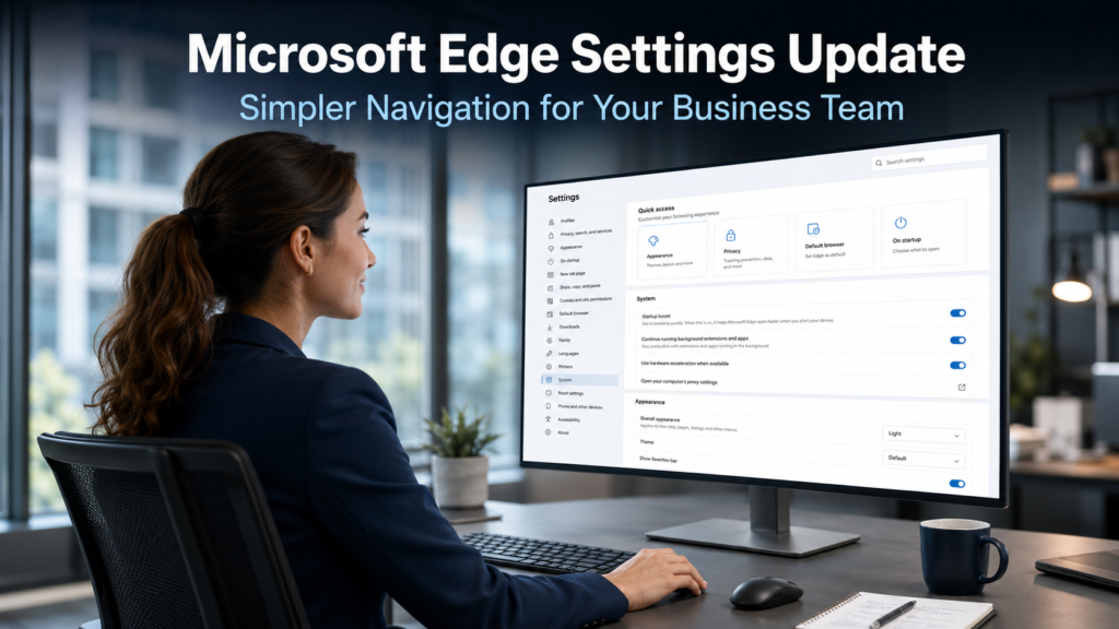 Business professional browsing the new Microsoft Edge settings menu on a desktop monitor in a modern office, representing the Microsoft Edge settings update improving browser navigation for business users