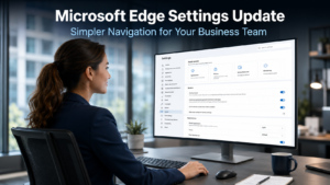 Business professional browsing the new Microsoft Edge settings menu on a desktop monitor in a modern office, representing the Microsoft Edge settings update improving browser navigation for business users