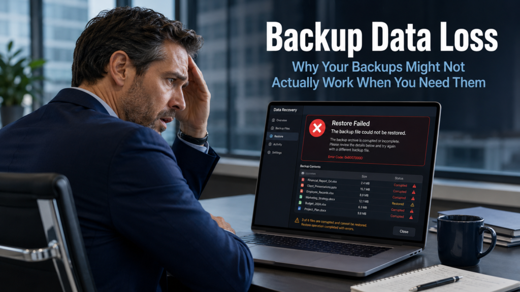 Business professional discovering a failed data recovery on a laptop with an error message visible on screen in a modern office, representing the risk of backup data loss when businesses attempt to restore files