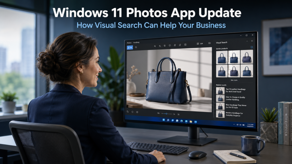 Business professional using the Windows 11 Photos app with Visual Search open on a monitor, performing a reverse image search in a modern office environment