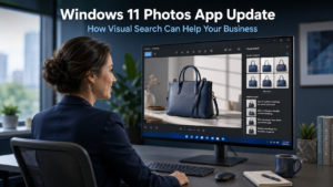 Business professional using the Windows 11 Photos app with Visual Search open on a monitor, performing a reverse image search in a modern office environment