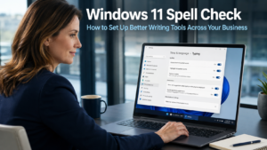 Business professional reviewing the Windows 11 typing settings page on a laptop to enable spell check and autocorrect tools in a modern office