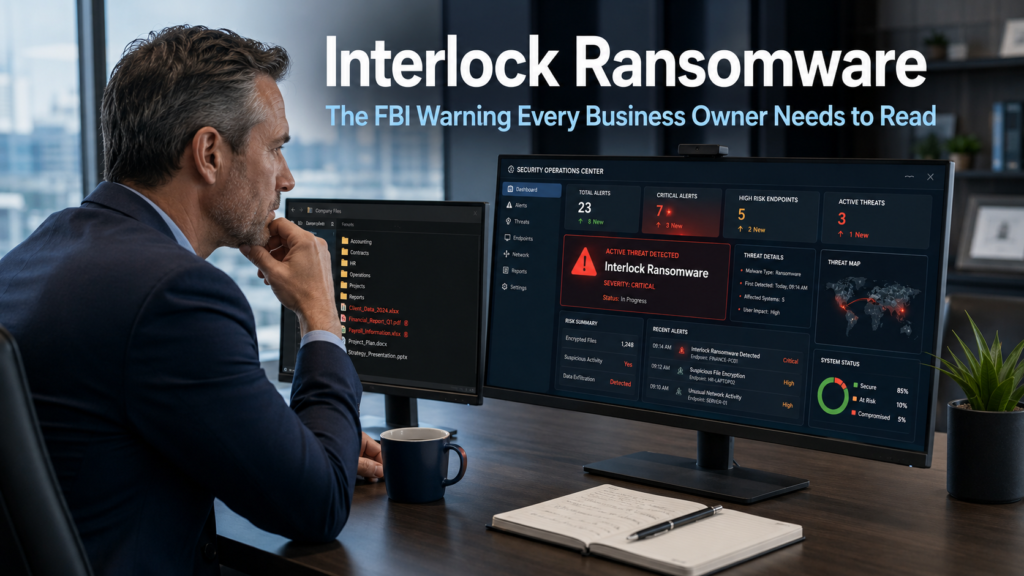 Business owner reviewing a ransomware warning alert on a security dashboard monitor in a modern office, representing the FBI warning about Interlock ransomware targeting businesses