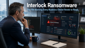 Business owner reviewing a ransomware warning alert on a security dashboard monitor in a modern office, representing the FBI warning about Interlock ransomware targeting businesses