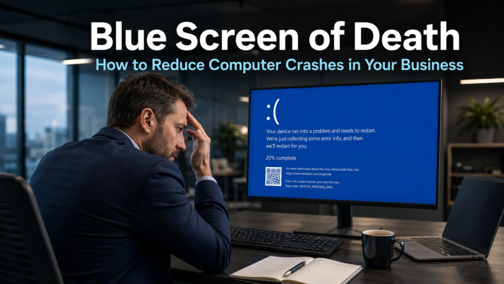 Business professional looking concerned at a computer monitor displaying a blue screen error in a modern office, representing the disruption caused by the Blue Screen of Death in business environments