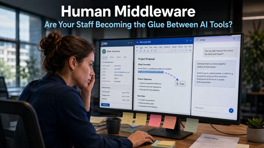 Business professional manually copying data between multiple applications on a computer in a modern office, representing the human middleware problem where staff spend their day bridging gaps between disconnected AI tools
