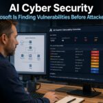 Security professional reviewing an AI vulnerability detection dashboard showing automatically discovered security flaws in a Windows environment on a monitor in a modern office, representing Microsoft's MDASH AI cyber security system hunting for hidden vulnerabilities