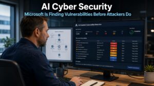 Security professional reviewing an AI vulnerability detection dashboard showing automatically discovered security flaws in a Windows environment on a monitor in a modern office, representing Microsoft's MDASH AI cyber security system hunting for hidden vulnerabilities