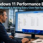 Business professional working quickly and responsively at a Windows 11 desktop with File Explorer open and loading instantly in a modern office, representing the Windows 11 performance boost improvements reducing everyday delays for business users