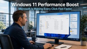 Business professional working quickly and responsively at a Windows 11 desktop with File Explorer open and loading instantly in a modern office, representing the Windows 11 performance boost improvements reducing everyday delays for business users