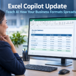 Business professional reviewing a Microsoft Excel spreadsheet with the Copilot AI panel open showing formatting preferences being saved in a modern office, representing the Excel Copilot update that learns how your business formats data