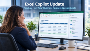 Business professional reviewing a Microsoft Excel spreadsheet with the Copilot AI panel open showing formatting preferences being saved in a modern office, representing the Excel Copilot update that learns how your business formats data