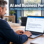Business owner writing a personal message on a laptop in a warm modern office setting, representing the importance of maintaining AI and business personality by keeping human voice present in AI-assisted communications