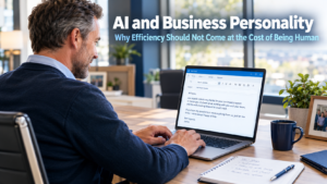 Business owner writing a personal message on a laptop in a warm modern office setting, representing the importance of maintaining AI and business personality by keeping human voice present in AI-assisted communications