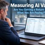 Business owner reviewing AI tool costs against business outcomes on a laptop in a modern office, representing the challenge of measuring AI value and whether AI subscriptions are delivering a genuine return