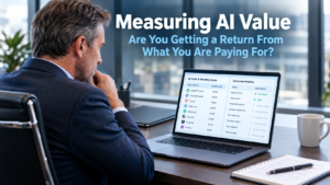 Business owner reviewing AI tool costs against business outcomes on a laptop in a modern office, representing the challenge of measuring AI value and whether AI subscriptions are delivering a genuine return