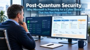 Business professional reviewing a future technology roadmap on a monitor in a modern office, representing the forward-thinking approach to post-quantum security and why businesses should keep their foundations current ahead of tomorrow's threats