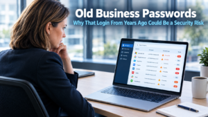 Business professional reviewing a password manager and account audit on a laptop in a modern office, representing the security risk of old business passwords and the importance of reviewing and updating business account credentials